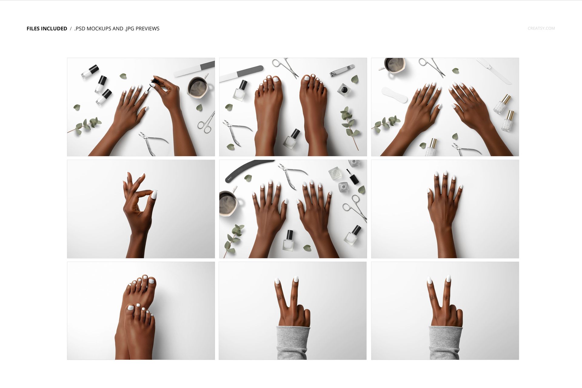 Nine nail mockup scenes showing hands and feet with manicured nails, surrounded by beauty tools and nail polish bottles.