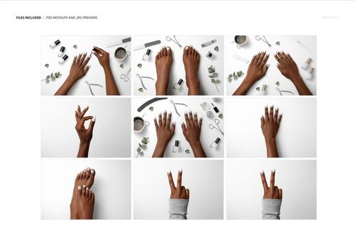 Nine nail mockup scenes showing hands and feet with manicured nails, surrounded by beauty tools and nail polish bottles.
