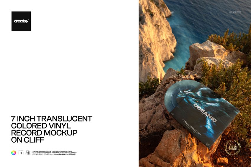 Top view of a 7 inch colored vinyl record mockup with album cover placed on rugged cliff overlooking blue sea.