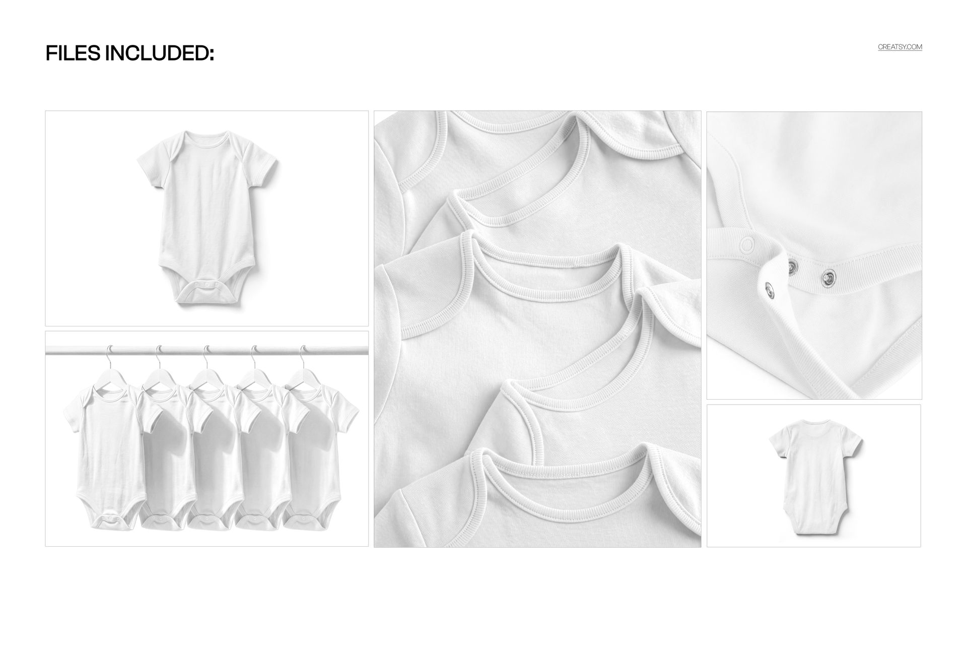 PSD mockup featuring short-sleeved white infant bodysuits from different angles and perspectives on a plain background.
