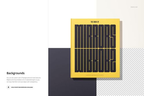 Top view of a hardcover book mockup with a yellow cover and large black lettering, placed on a divided background.