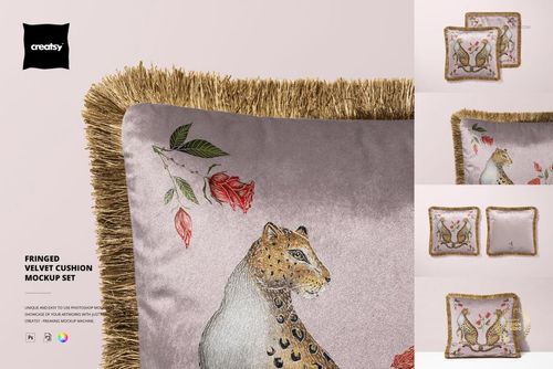 Fringed velvet cushion mockup featuring a close-up of a leopard and floral design on a light purple background.