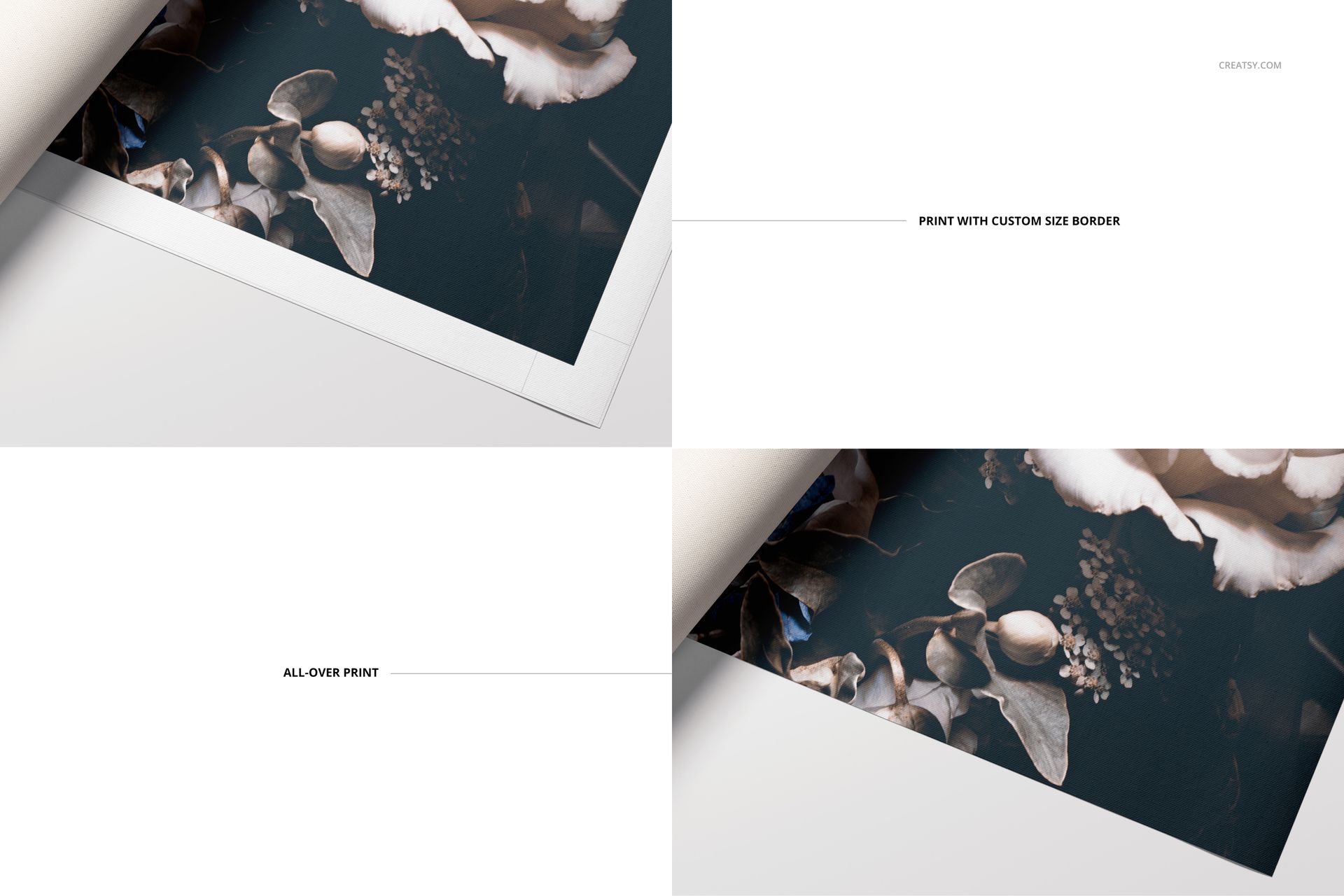 Rolled canvas print mockup showing two variations: one with a white border and one with edge-to-edge floral artwork.