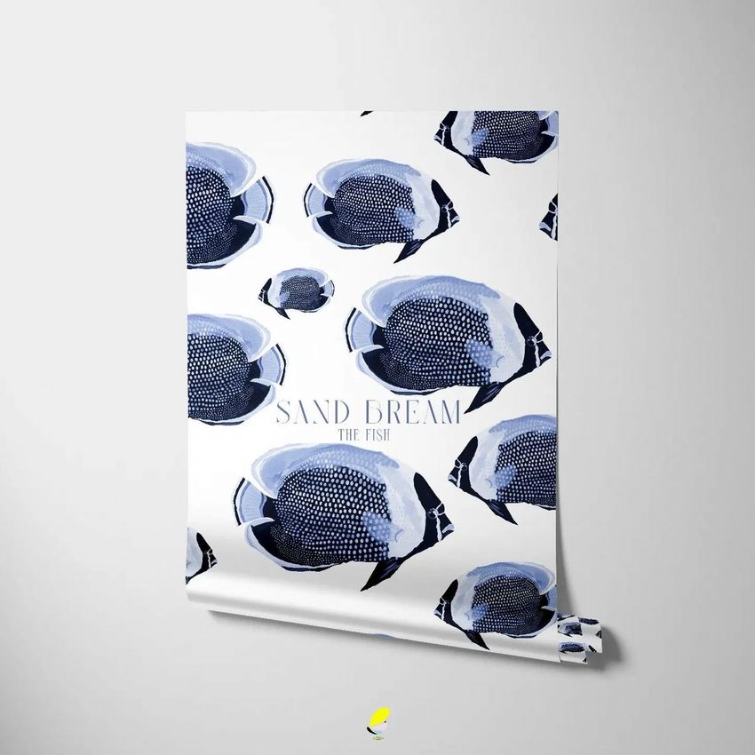 Paper wallpaper mockup featuring a rolled sheet with a blue fish pattern and subtle text overlay on a plain light background.