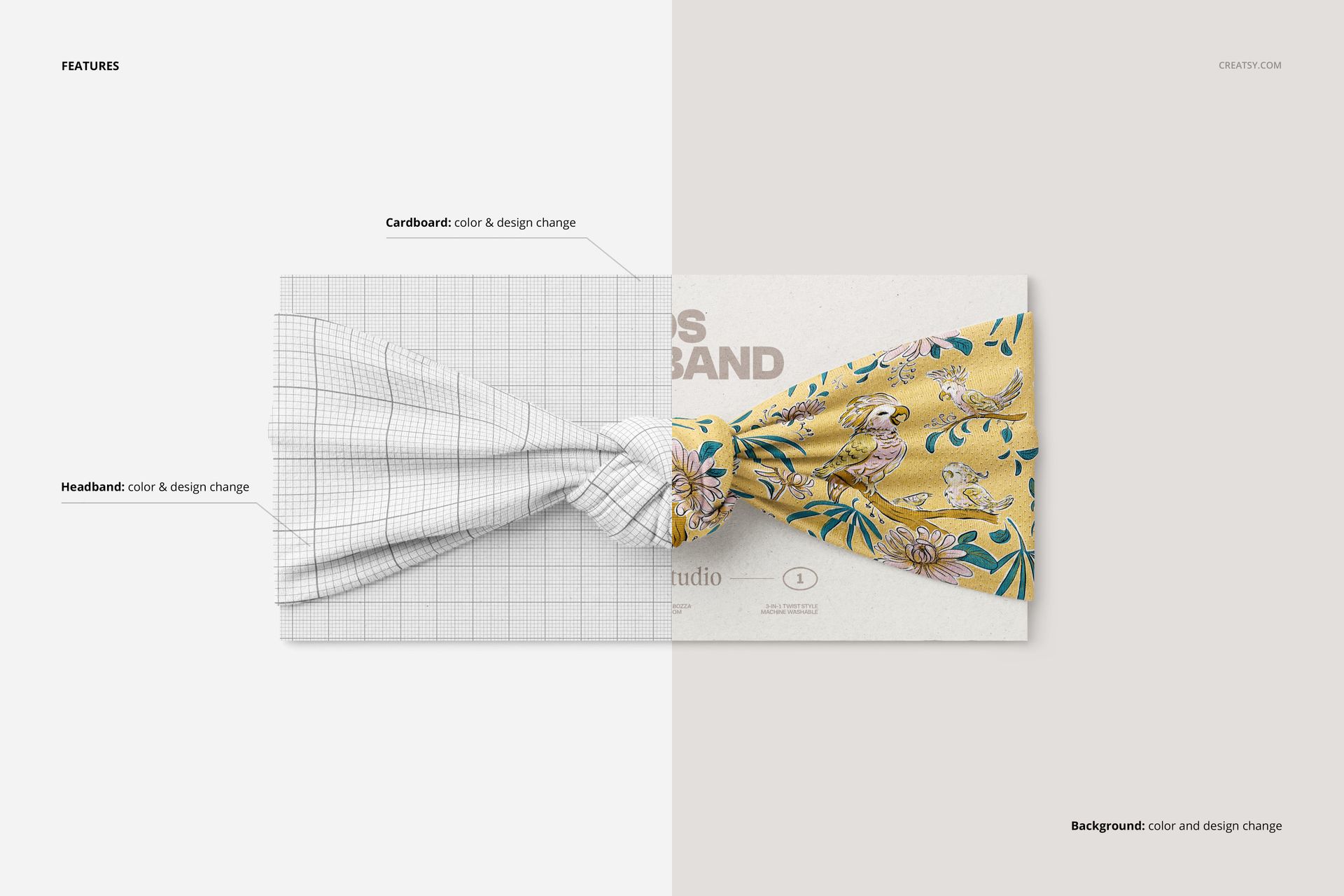 Kids twist knot headband mockup displayed in split view, showing a white grid pattern on one side and a yellow floral design on the other.