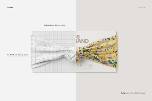 Kids twist knot headband mockup displayed in split view, showing a white grid pattern on one side and a yellow floral design on the other.