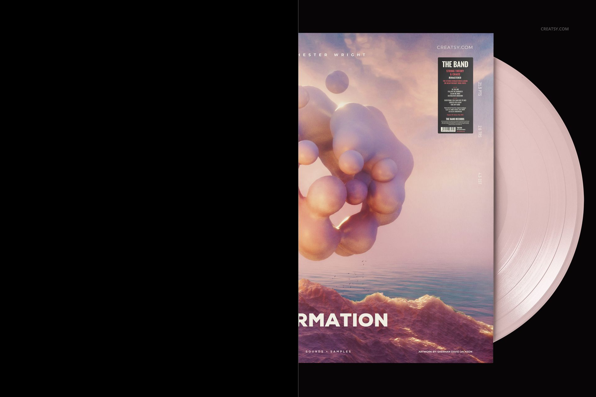 Colored vinyl record mockup featuring a pale pink disc emerging from a sleeve with soft cloud-like graphics and ocean scenery.