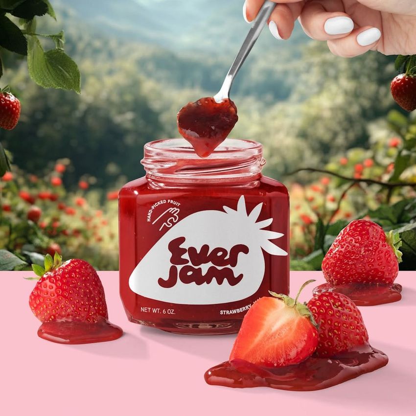 Strawberry jam jar mockup with a spoonful of jam held above an open jar, surrounded by fresh strawberries on a pink surface.