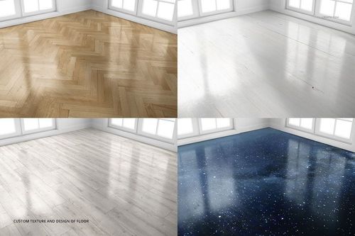 Four kids room carpet mockups showing different floor textures, including wood and a starry night design, in a bright corner.