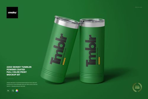 PSD mockup of a pair of green skinny tumblers with metallic tops, displayed on a seamless green surface.
