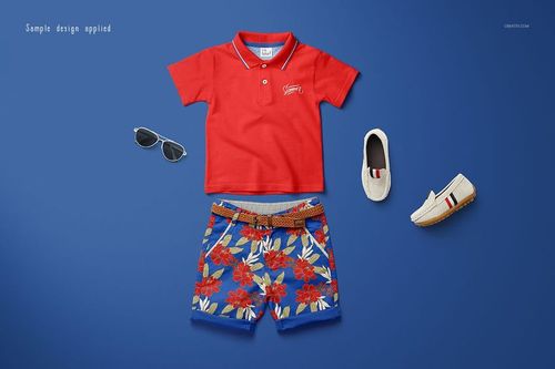 Kids polo set mockup featuring a red short-sleeve polo shirt and floral patterned shorts on a blue background.