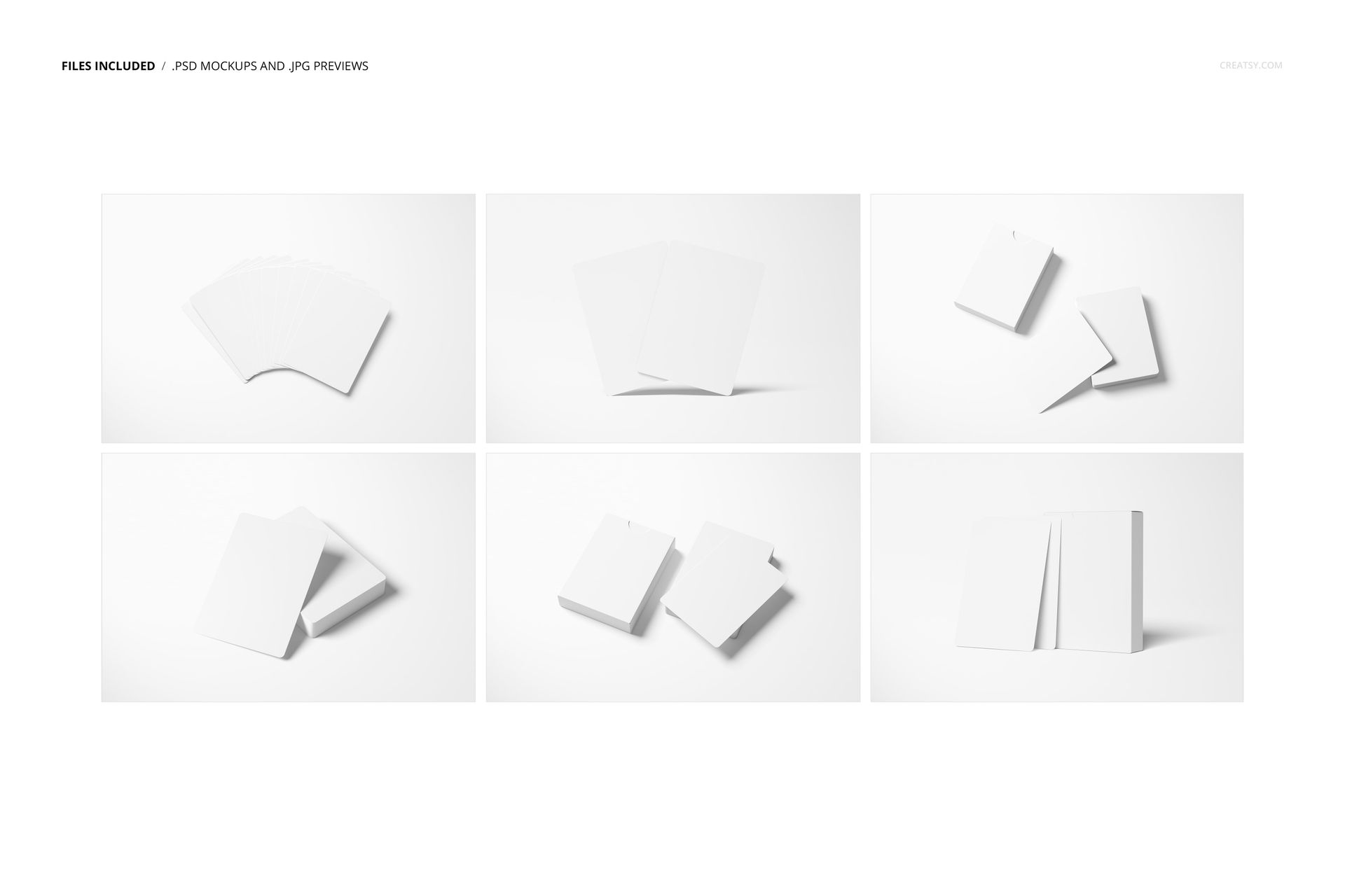 Six mockup layouts of plain playing cards, each arranged uniquely on a clean white surface with soft shadows.