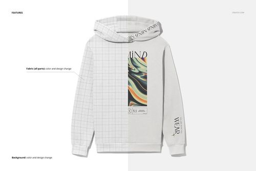 Oversized hoodie with large hood shown in front view, half featuring a grid mockup and half with abstract swirl design.