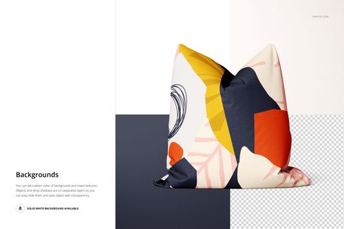Square decorative pillow with abstract multicolor pattern in navy, yellow, red, and cream, shown front view on a PSD mockup.