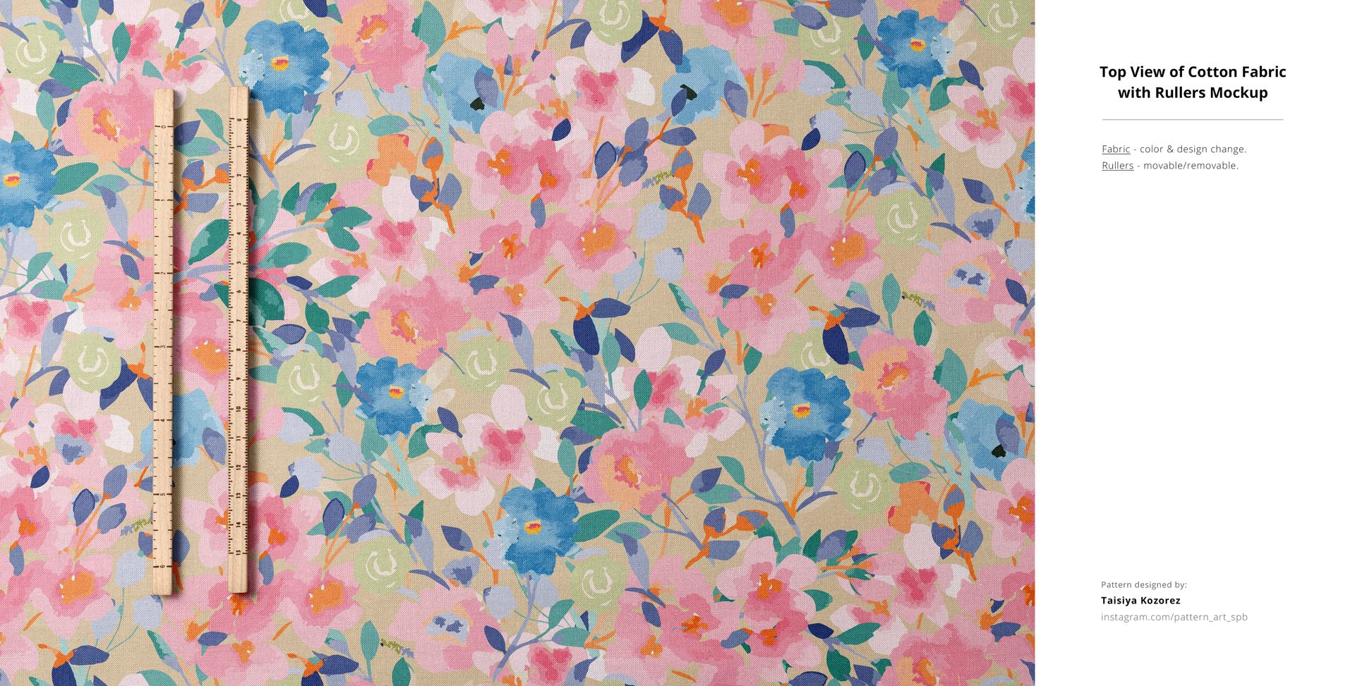 Cotton fabric mockup displaying a vibrant floral design, shown from above with measuring rulers as props.