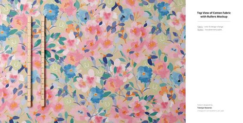 Cotton fabric mockup displaying a vibrant floral design, shown from above with measuring rulers as props.