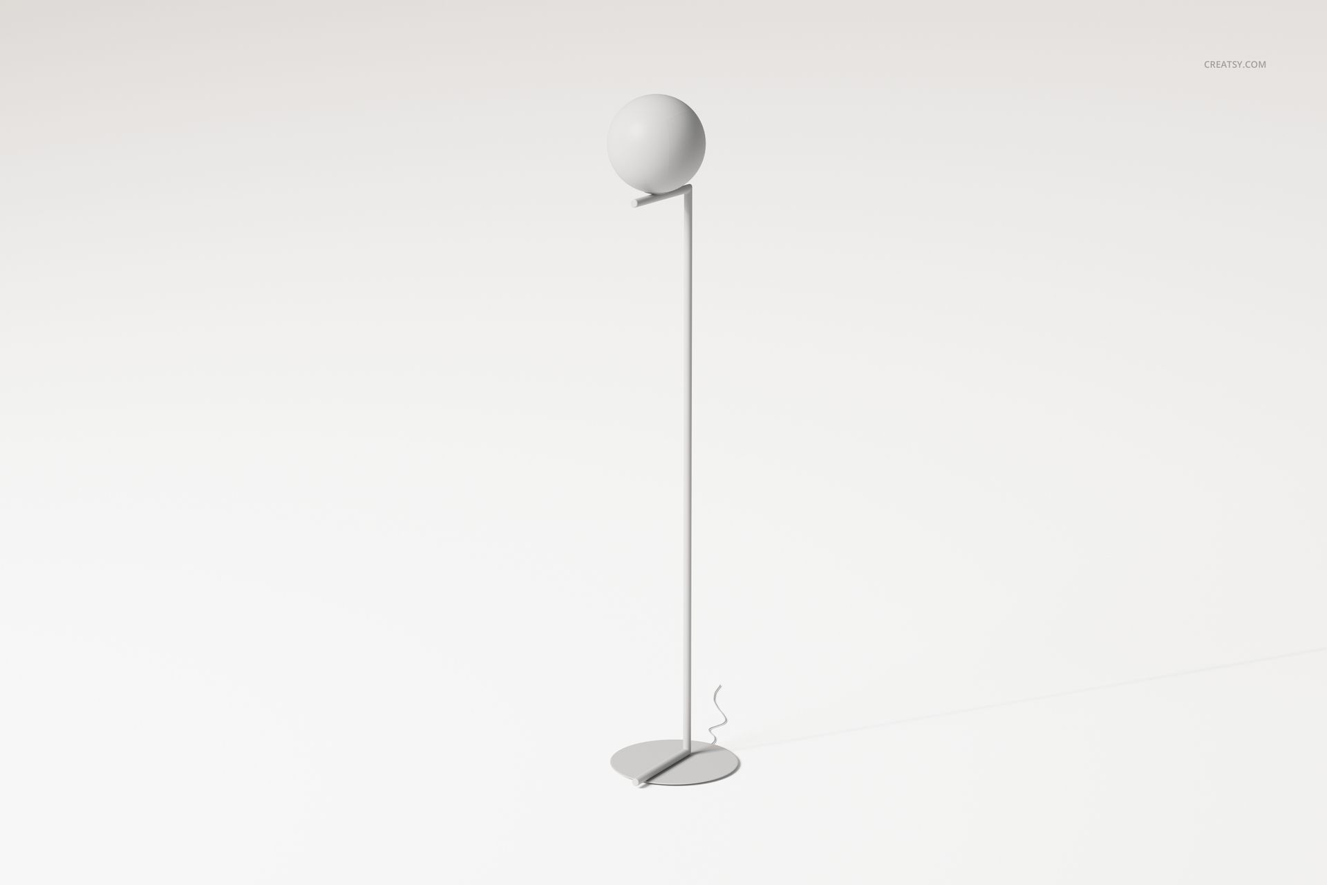 Minimalist sphere floor lamp with a round base and slender vertical stand, shown on a plain white background.