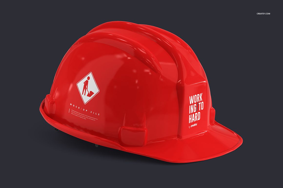 Construction hard hat mockup in bright red color, displayed from a side angle with white text and safety symbol.