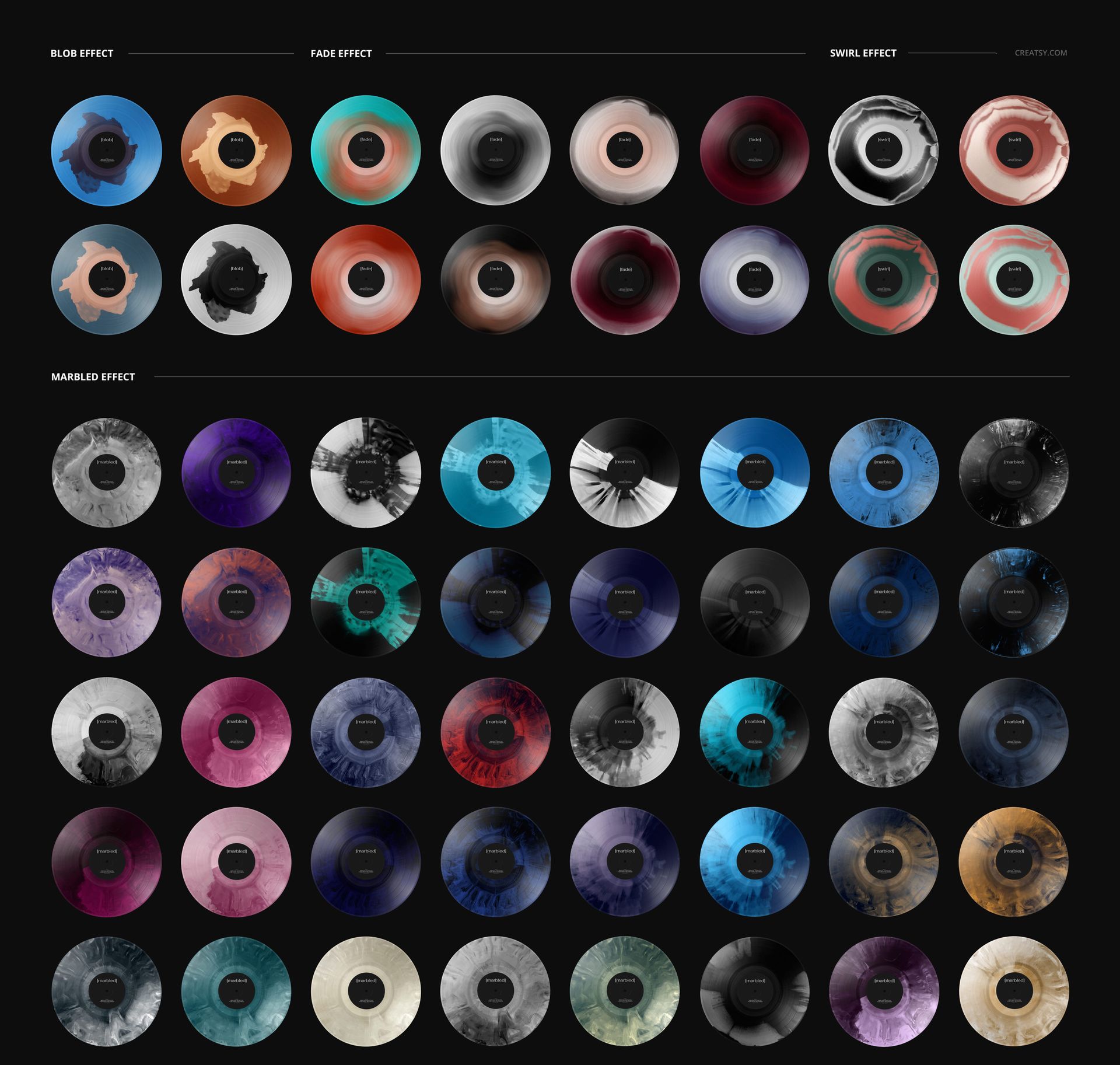 Assorted colored vinyl records displayed from above, showing mockup designs with swirl, fade, and marbled effects.