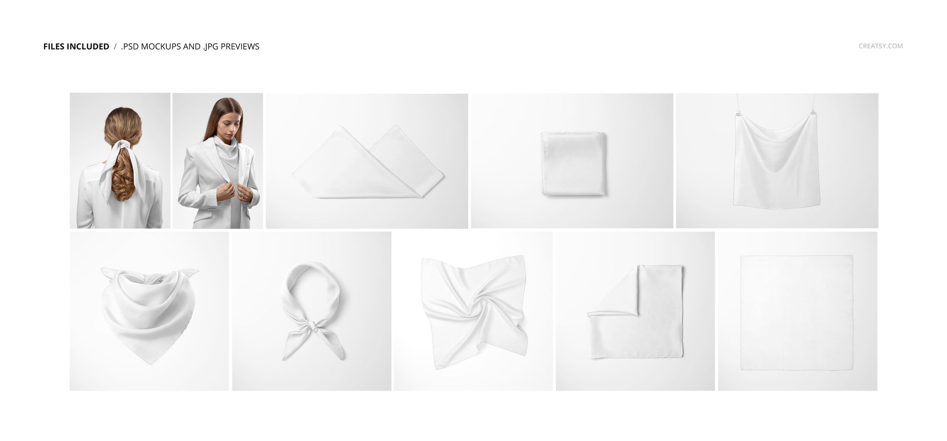 Silk scarf mockup set showing various folding styles and arrangements in white, with top and front perspectives.