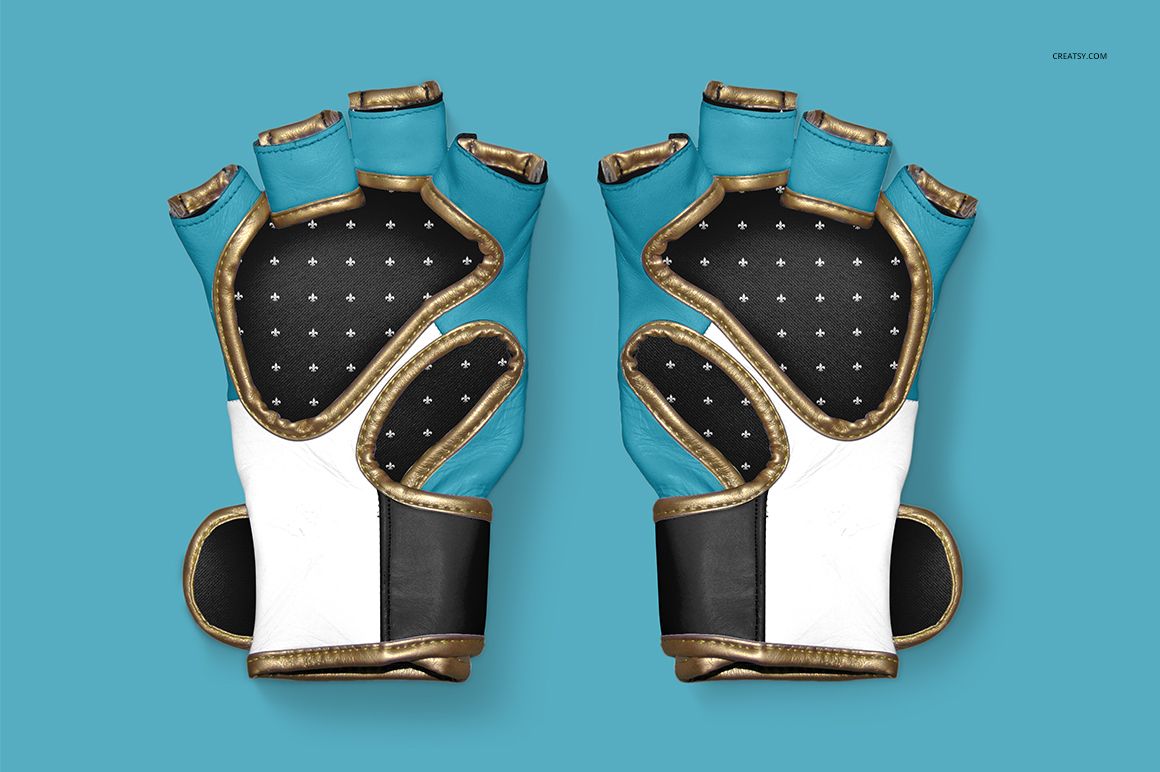 PSD mockup of MMA gloves with a blue and white color scheme, gold trim, and black palms, viewed from above.