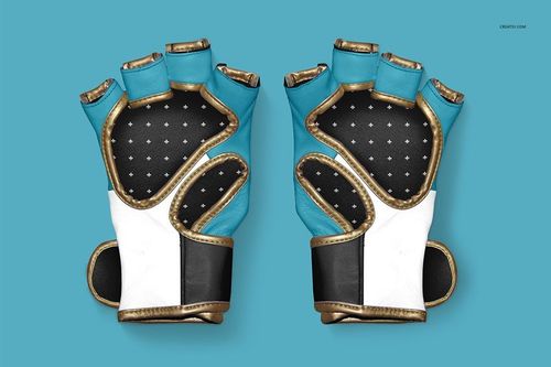 PSD mockup of MMA gloves with a blue and white color scheme, gold trim, and black palms, viewed from above.
