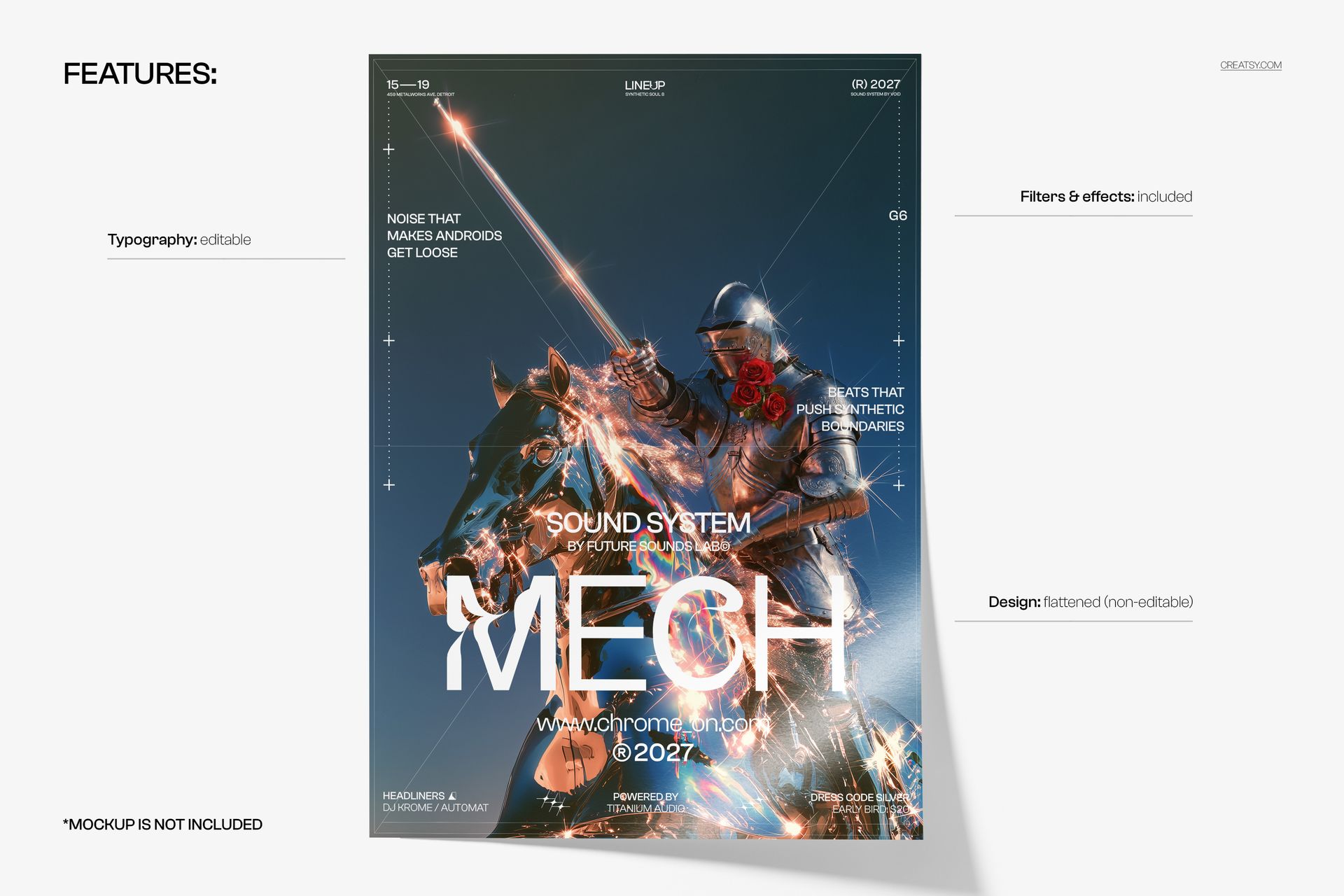 PSD mockup of a rave poster featuring a metallic knight with glowing elements, bold typography, and sci-fi details.