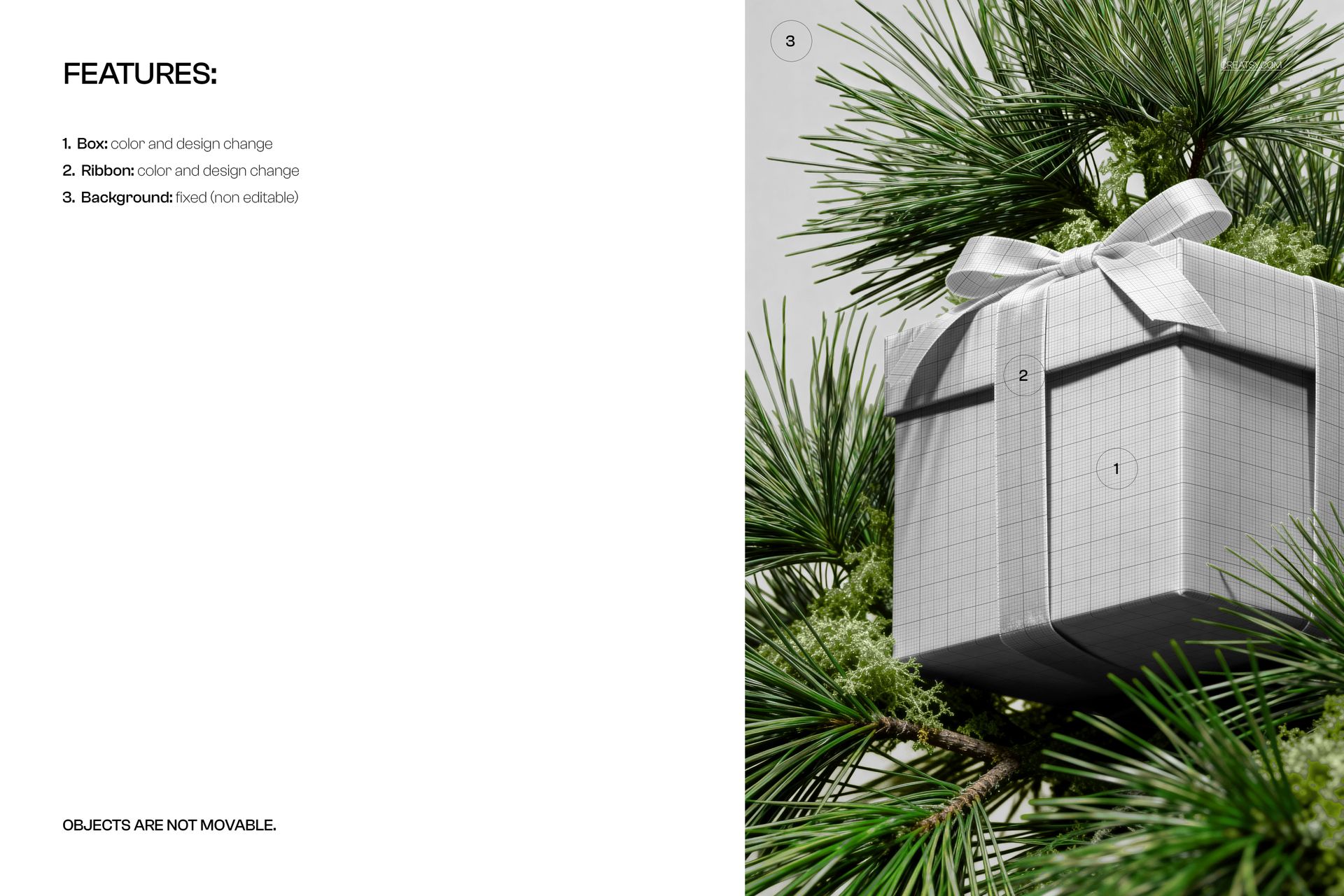 Christmas gift box mockup with a satin bow, gray grid pattern, hanging on a green pine tree, front view.