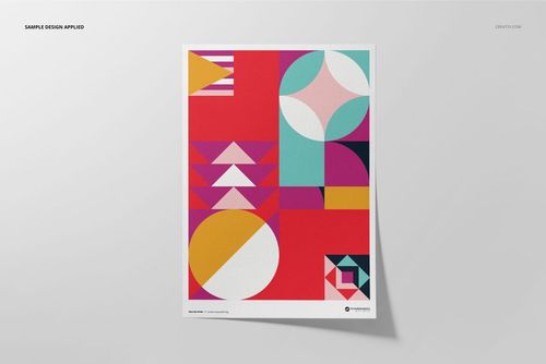 A3 fine art print mockup featuring a geometric abstract design in red, pink, yellow, and teal on a white background.