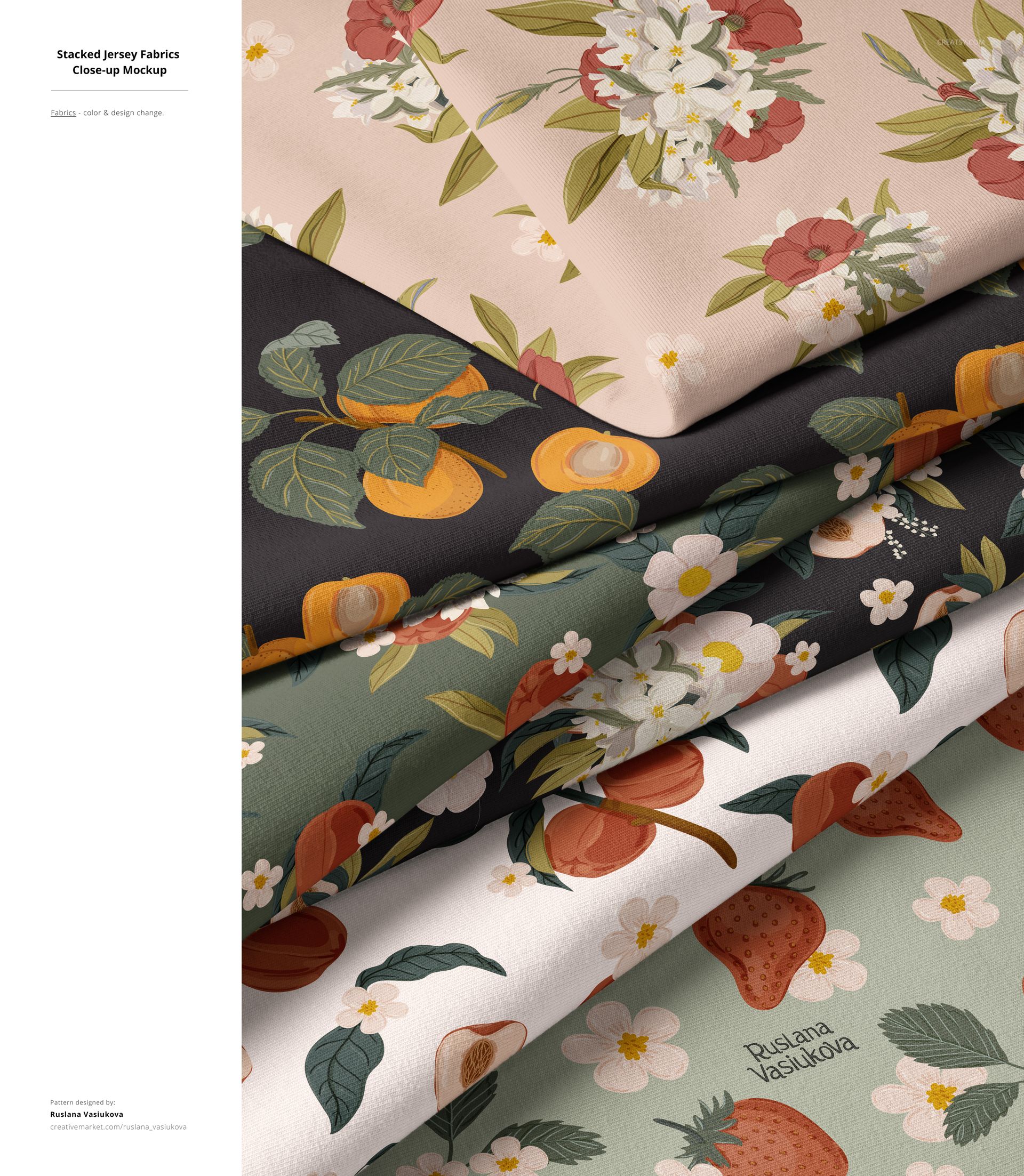 Close-up of layered jersey fabric mockups featuring botanical and fruit designs in soft and dark hues.