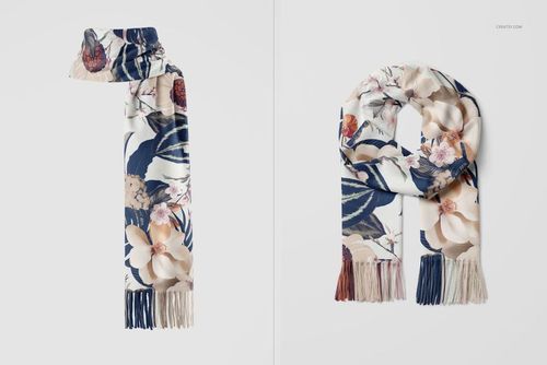Cashmere scarf mockup with a floral pattern in beige, navy, and pink tones, shown from top and front views.