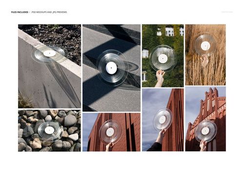 Clear vinyl record mockup shown outdoors in various settings, including concrete, grass, rocks, and urban backgrounds.