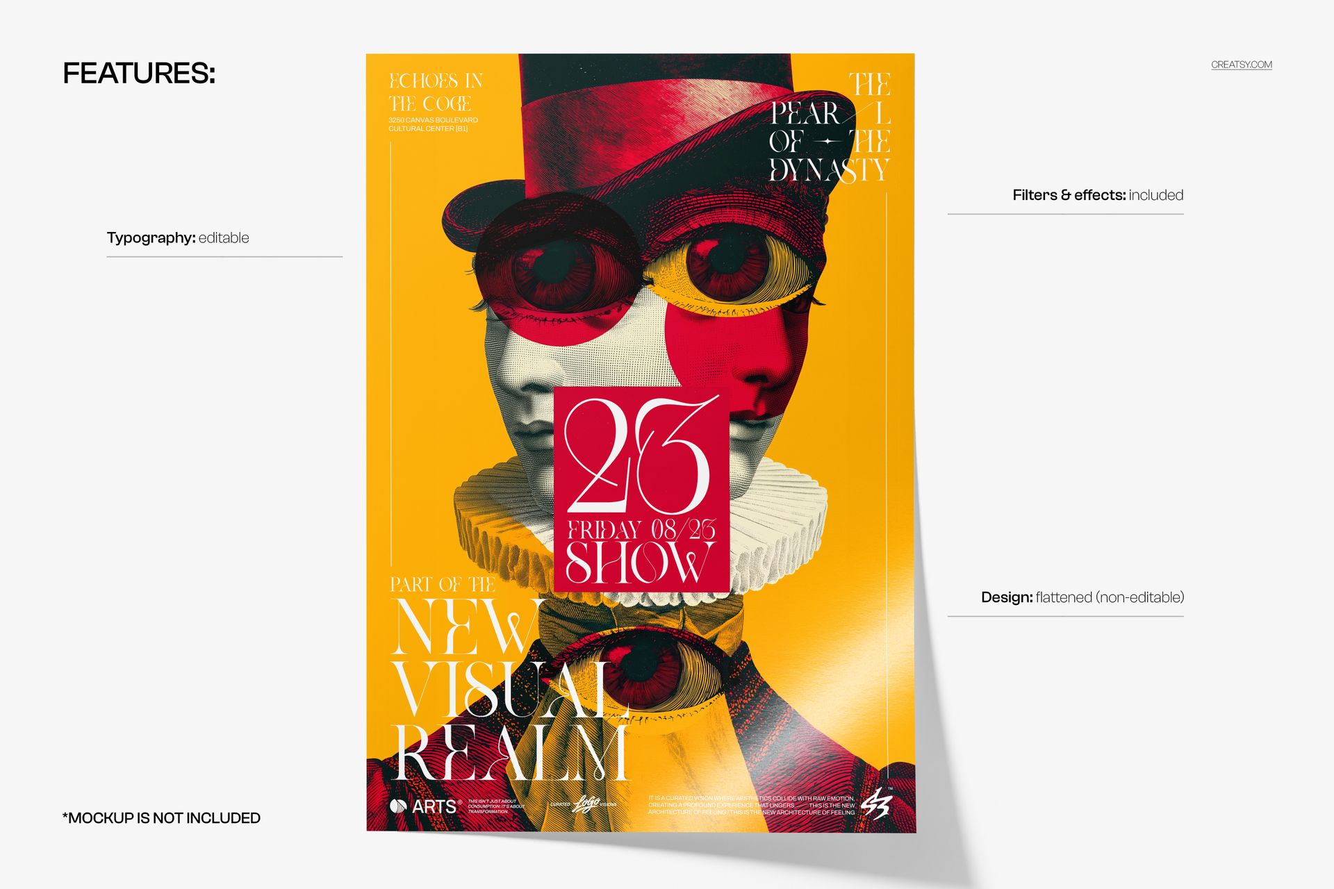 PSD mockup of a poster displaying stylized engraved eyes and layered faces in bold colors, surrounded by text elements.
