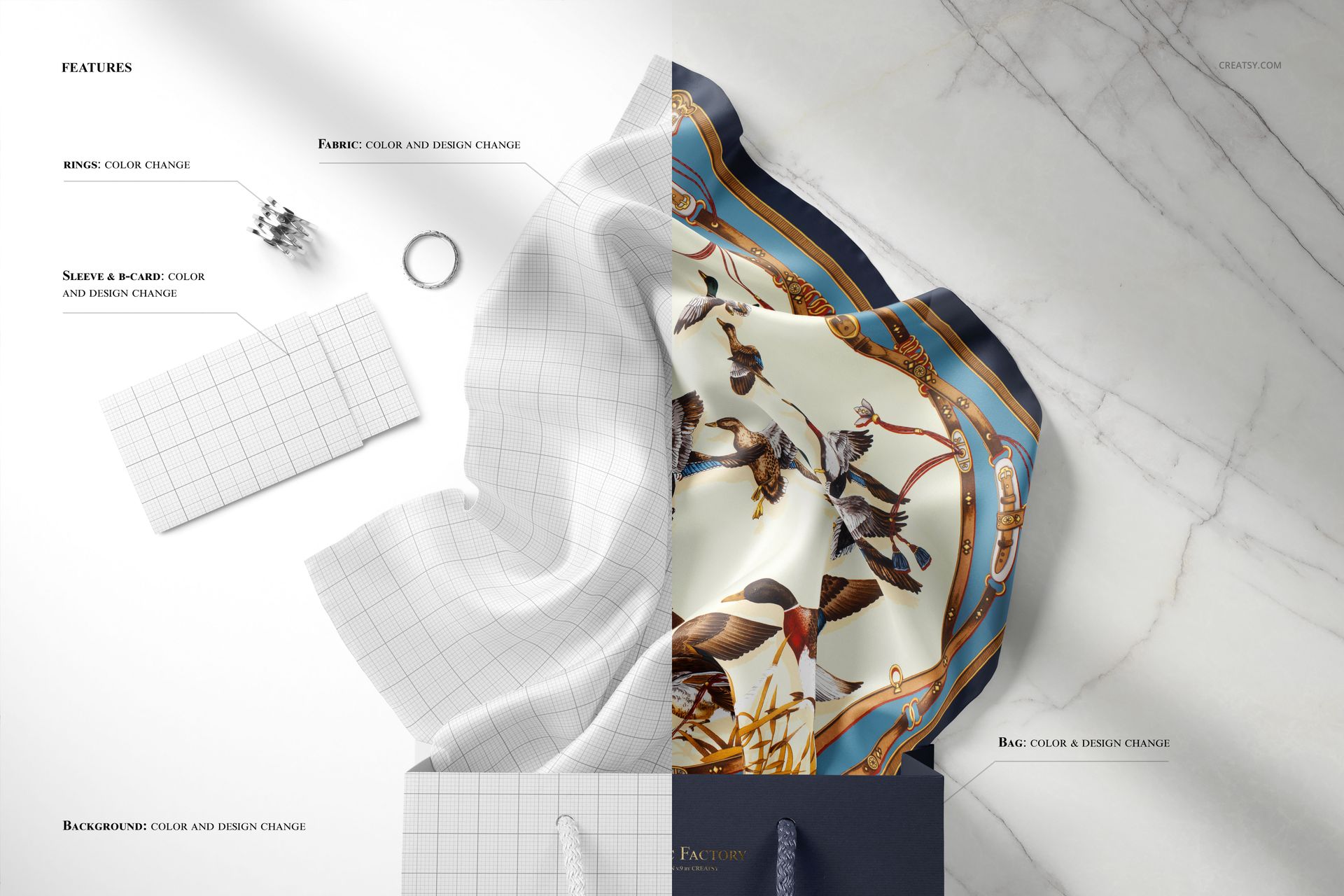 Silk scarf mockup displayed partially inside a dark bag, featuring a bird and chain pattern on a marble surface.