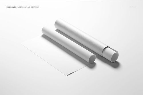 Square rolled canvas print mockup featuring a blank sheet and two white tubes on a light background, top view.