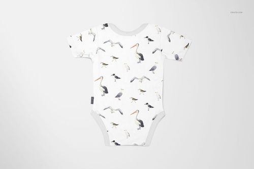 Front view of a baby onesie mockup with a bird pattern, displayed on a light background with subtle shadows.