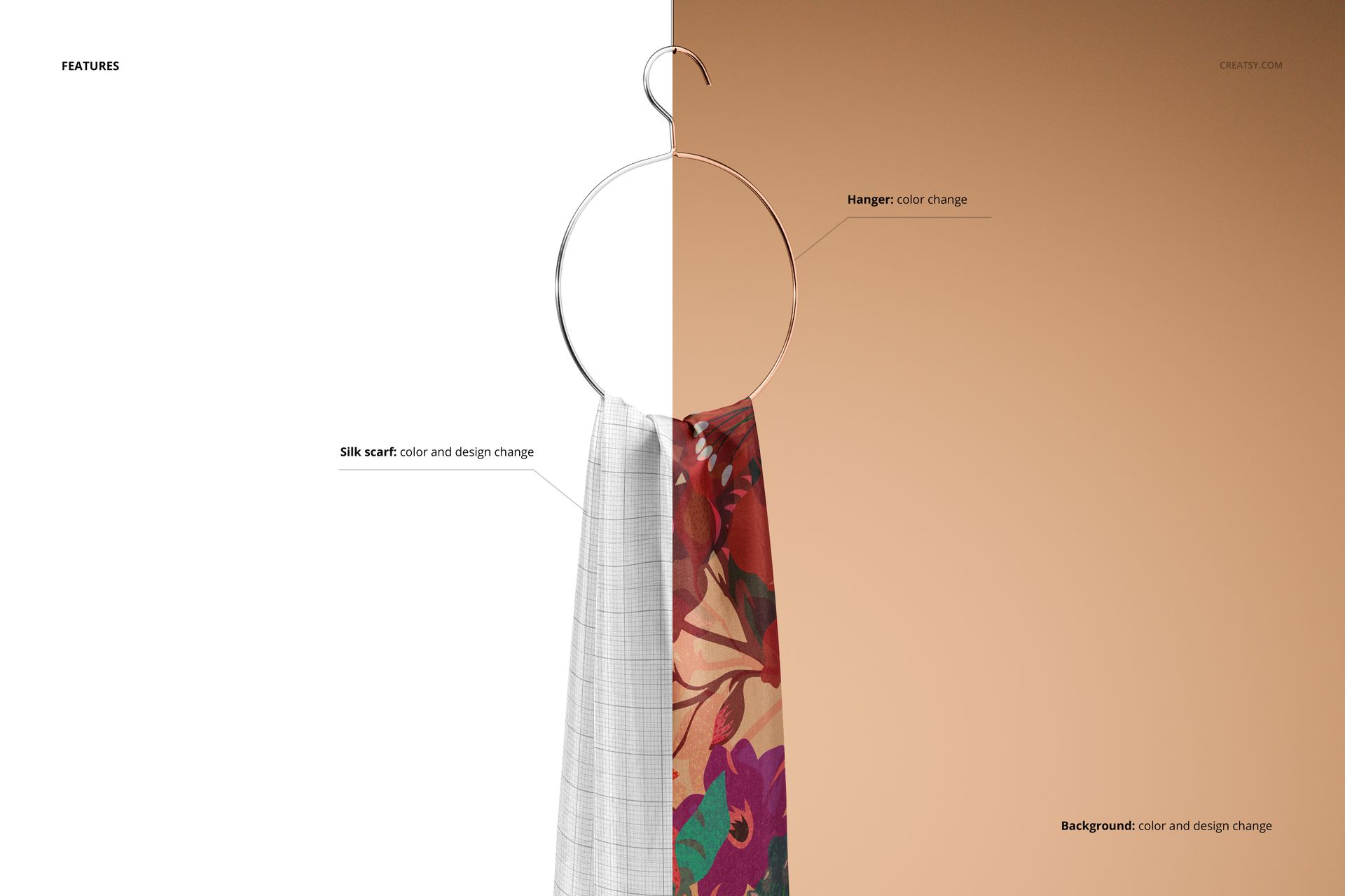 Habotai silk scarf mockup displayed on a circular metal hanger, split background with white and beige tones.