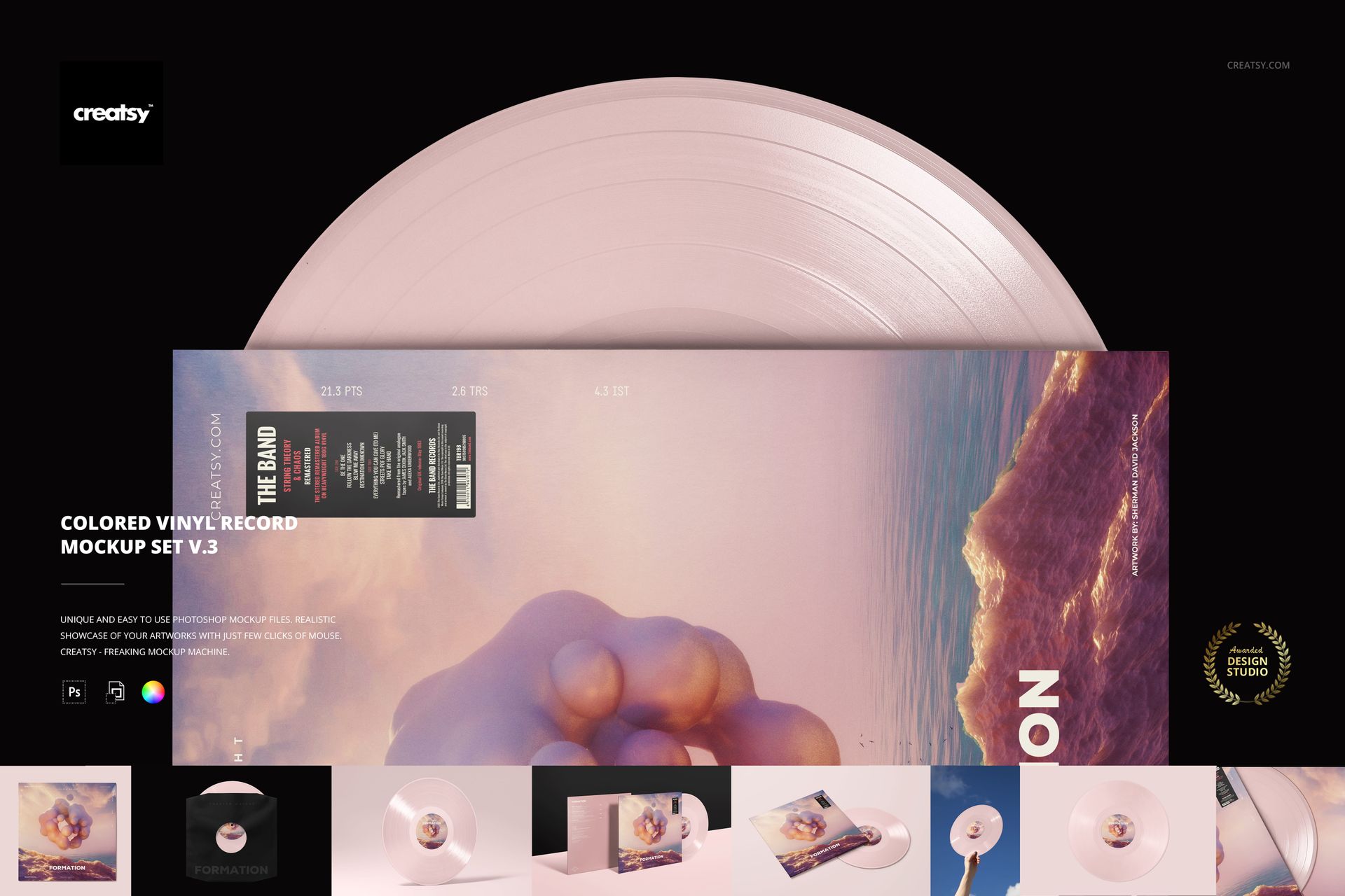 Top view of a pale pink vinyl record partially inserted into a colorful album cover, shown in a music mockup scene.