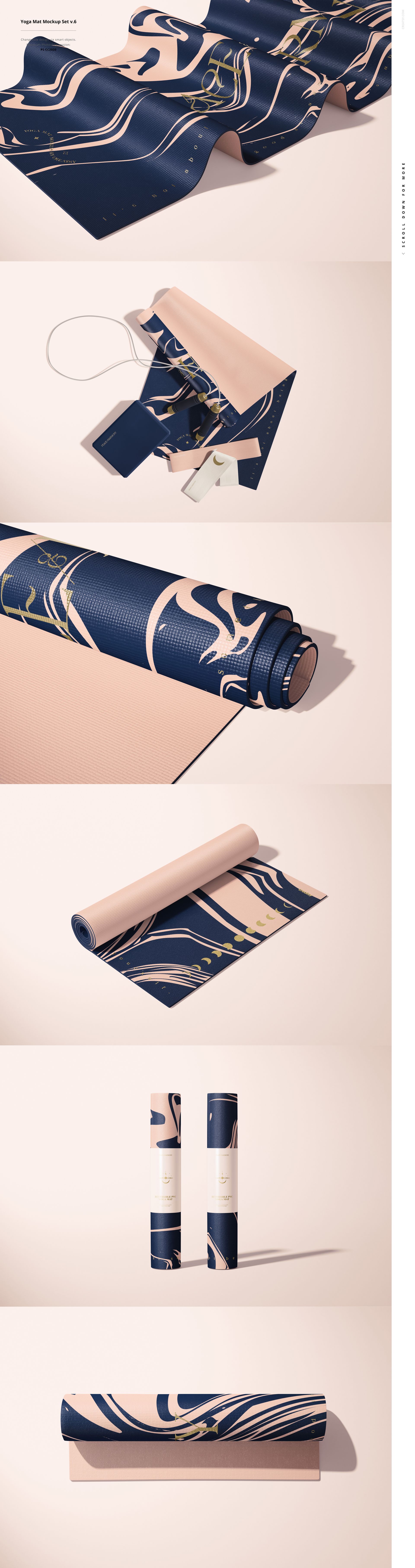 Set of yoga mat mockups featuring a dark blue and beige swirl design, displayed rolled, unrolled, and with accessories.