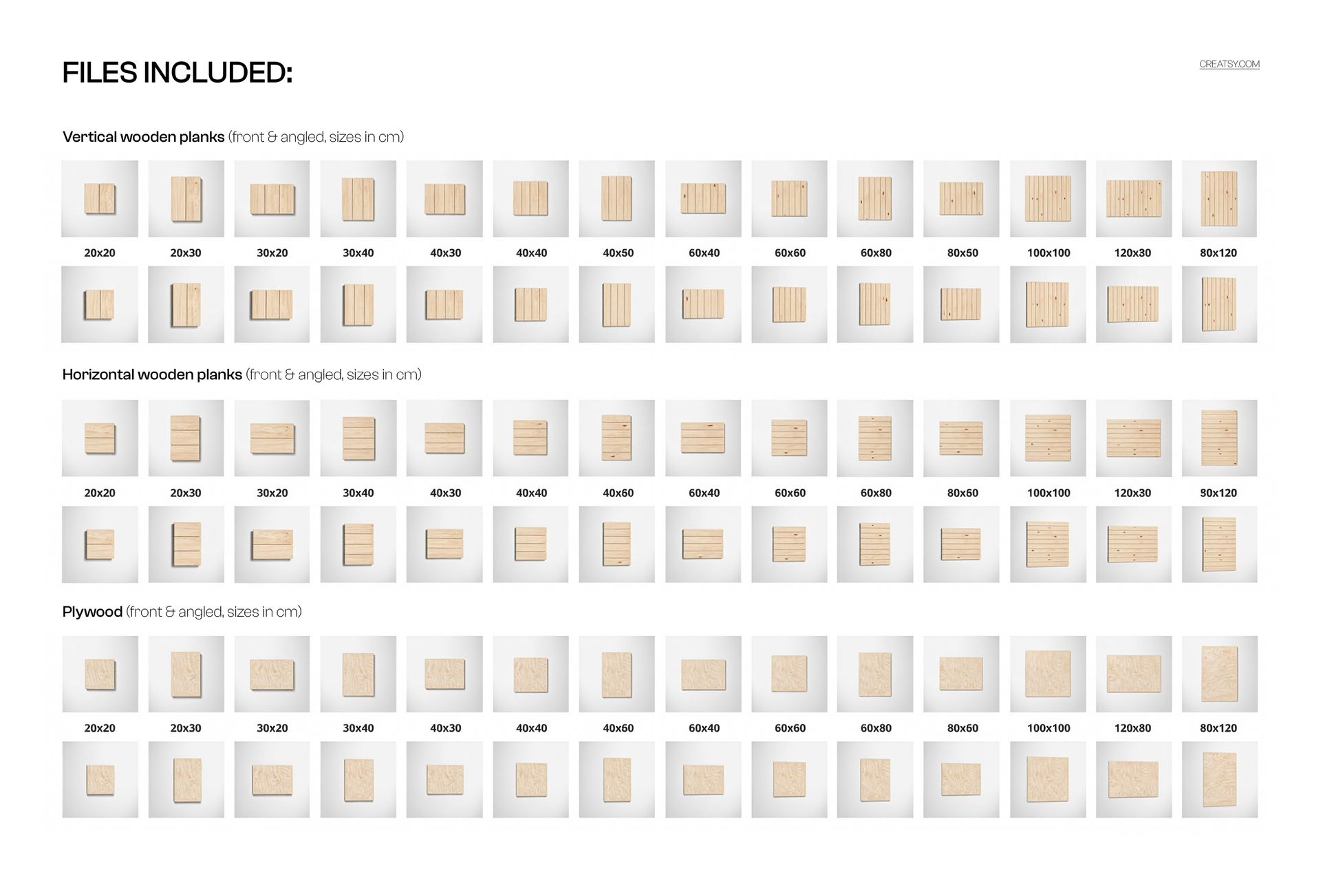 Collection of wall art mockups showing vertical planked wood, horizontal planked wood, and plywood in various sizes.