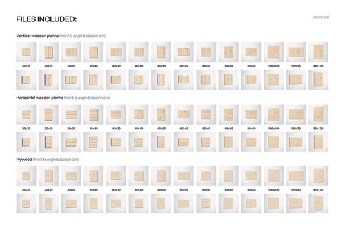 Collection of wall art mockups showing vertical planked wood, horizontal planked wood, and plywood in various sizes.