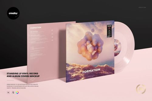 PSD mockup of an LP vinyl record and album covers, with soft pink tones and abstract artwork in a studio setting.
