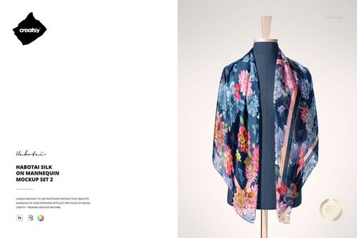 PSD mockup showing a habotai silk scarf with vibrant flower designs displayed on a dress form with wooden stand.