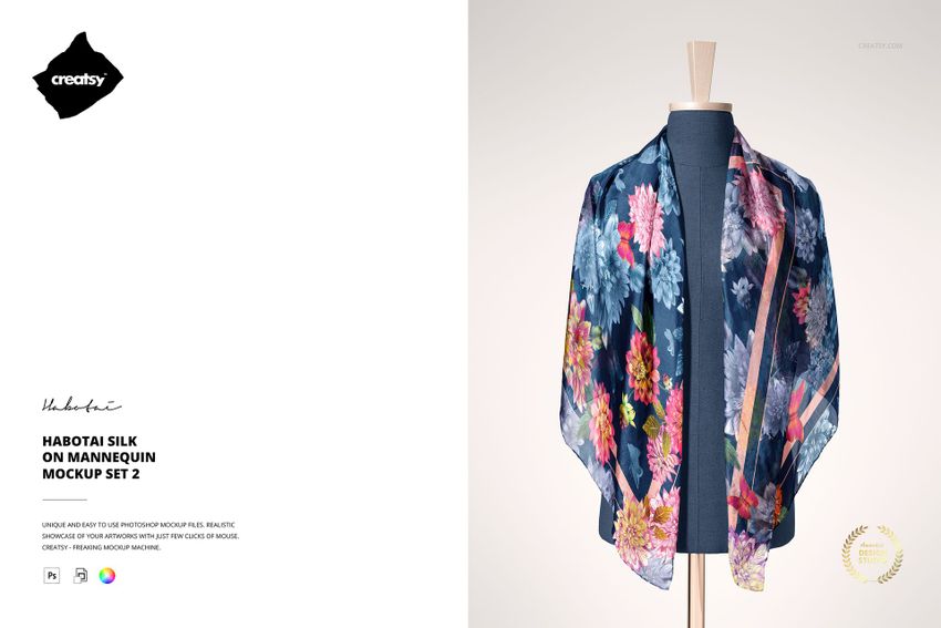 PSD mockup showing a habotai silk scarf with vibrant flower designs displayed on a dress form with wooden stand.