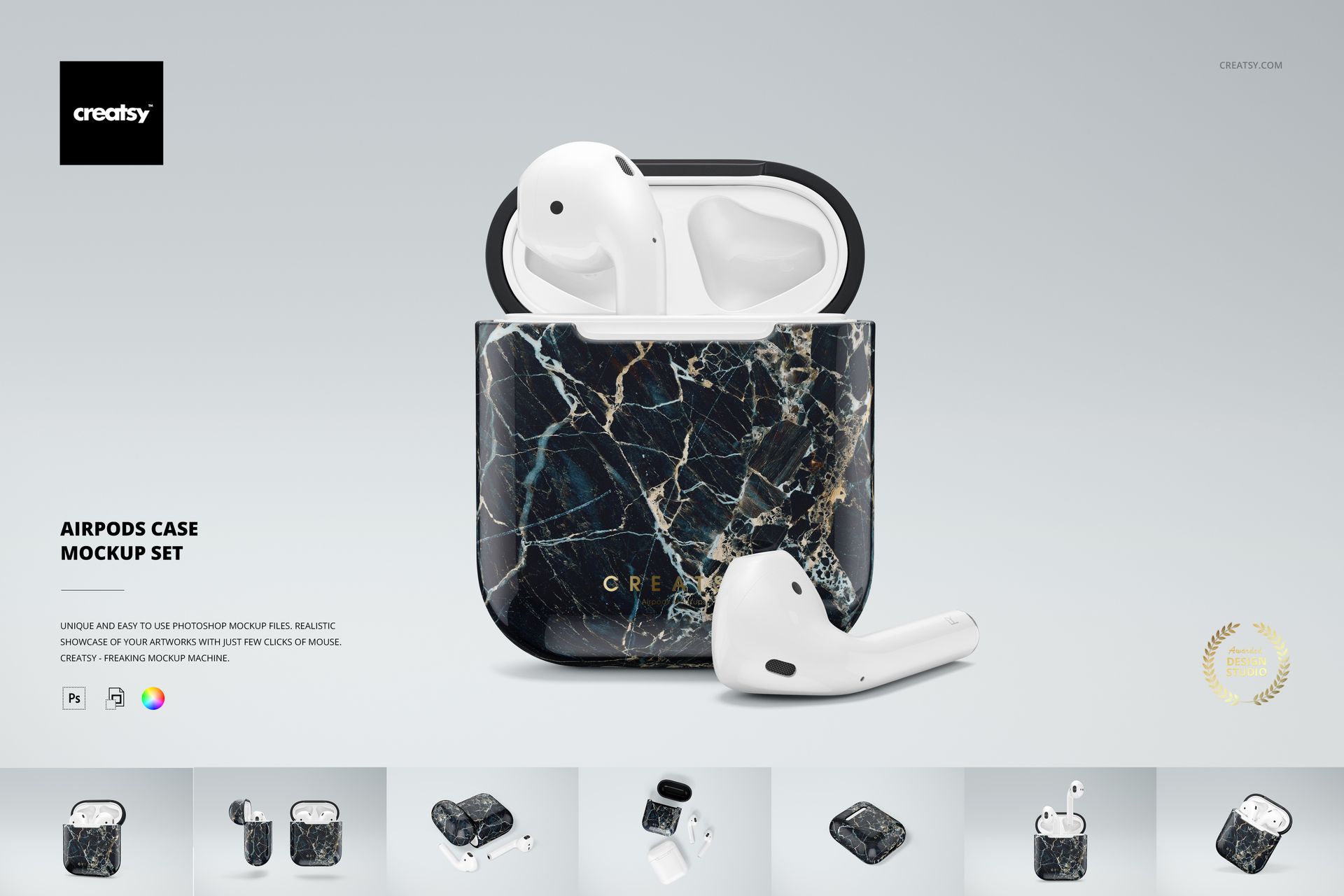 AirPods case mockup featuring a dark marble design, open to display white earbuds, with minimal props and clean layout.