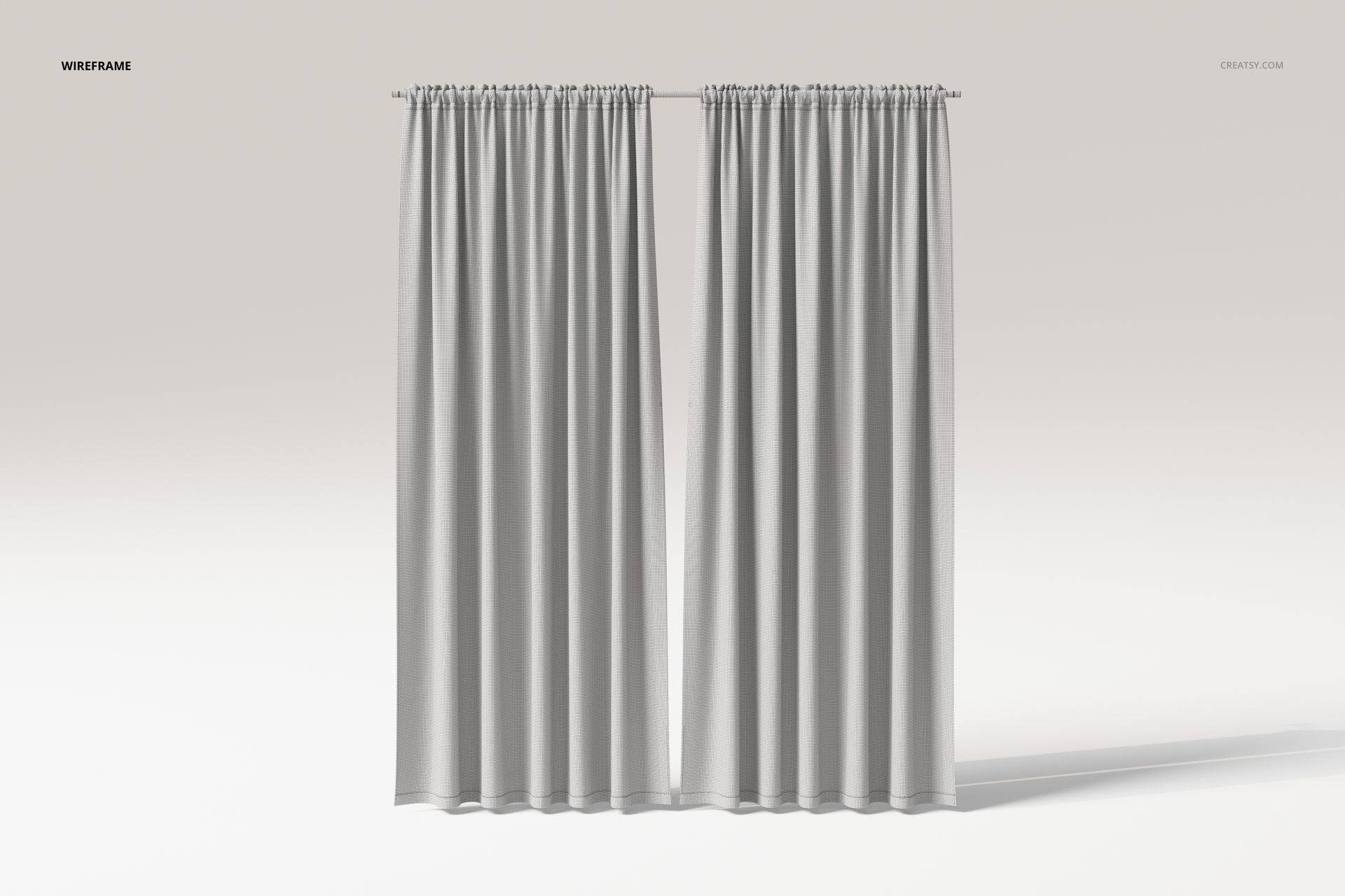 Front view of two tall rod pocket curtains in light gray fabric, hanging straight against a plain background.
