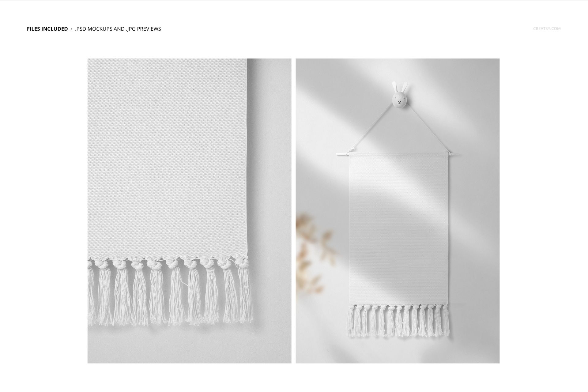 PSD mockup showing a nursery wall banner with fringes, suspended from a hook against a plain, softly lit background.