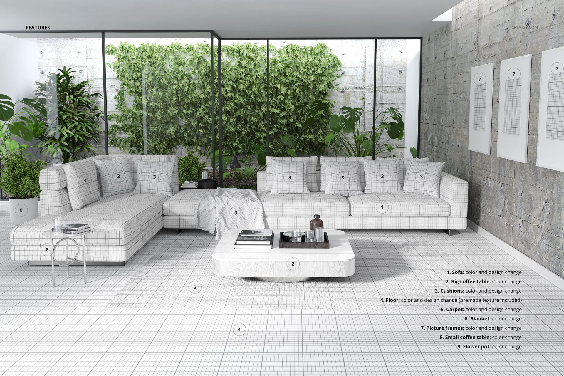 Living room PSD mockup with a long sectional sofa, grid-patterned cushions, coffee tables, and garden view.
