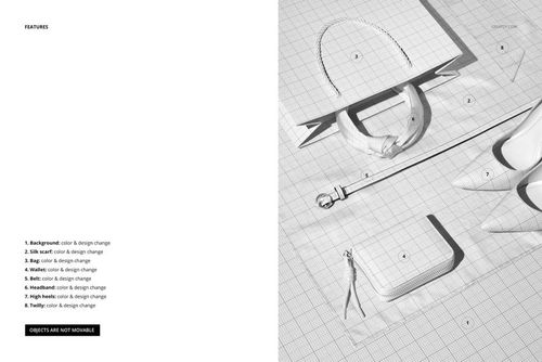 PSD mockup showing a collection of leather goods, silk scarf, twilly, and high heels laid out from a top perspective.