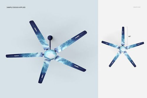 Ceiling fan mockup with six blades, each featuring a blue galaxy pattern, shown from a top-down perspective.